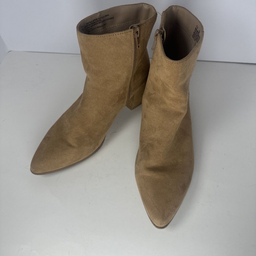 A New Day Ankle Boots Women's 7.5 Tan Camel Suede Pointed Toe Block Heel Zip